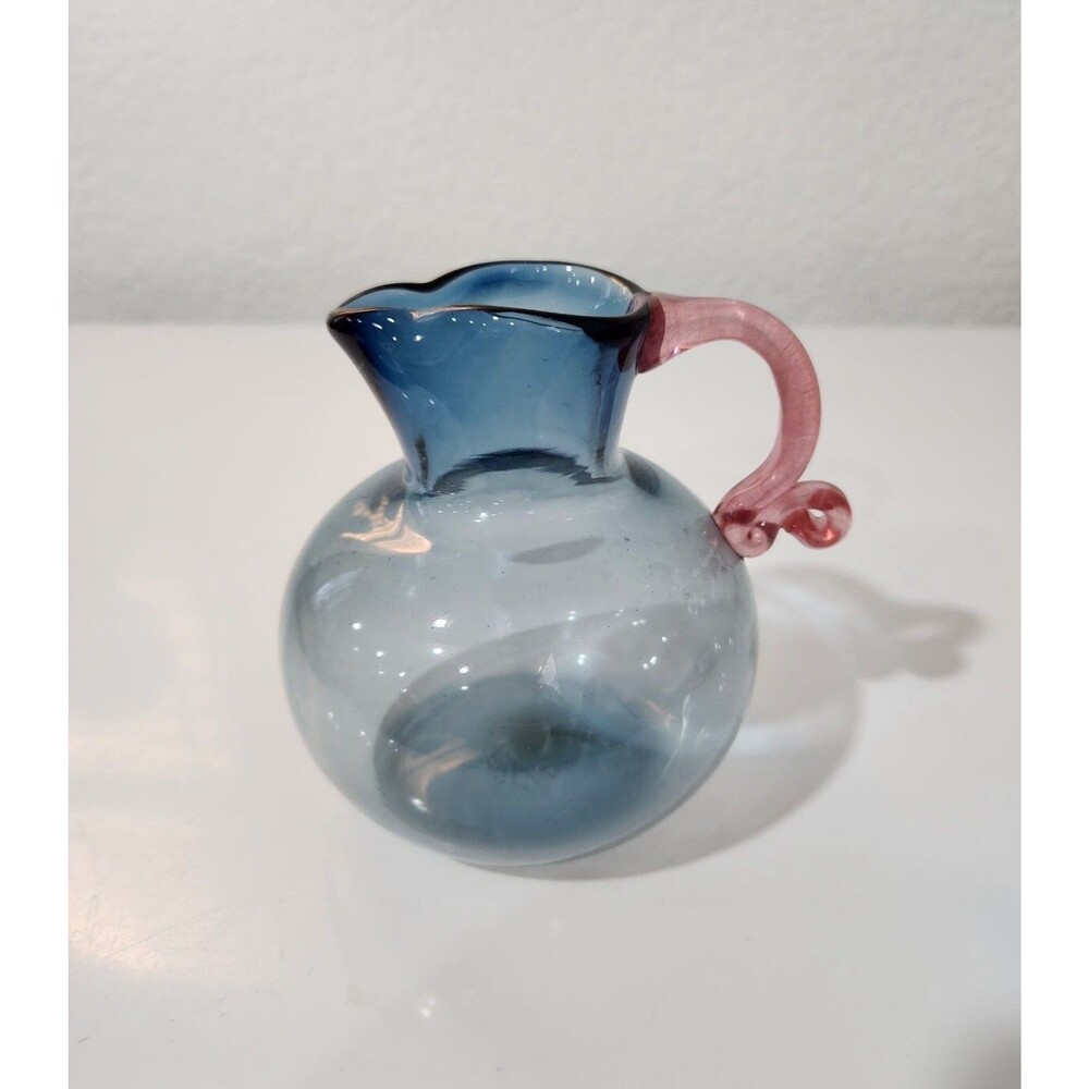 Vintage Hand Blown Glass Pitcher Blue  Applied Pink Handle Sign Philli 97